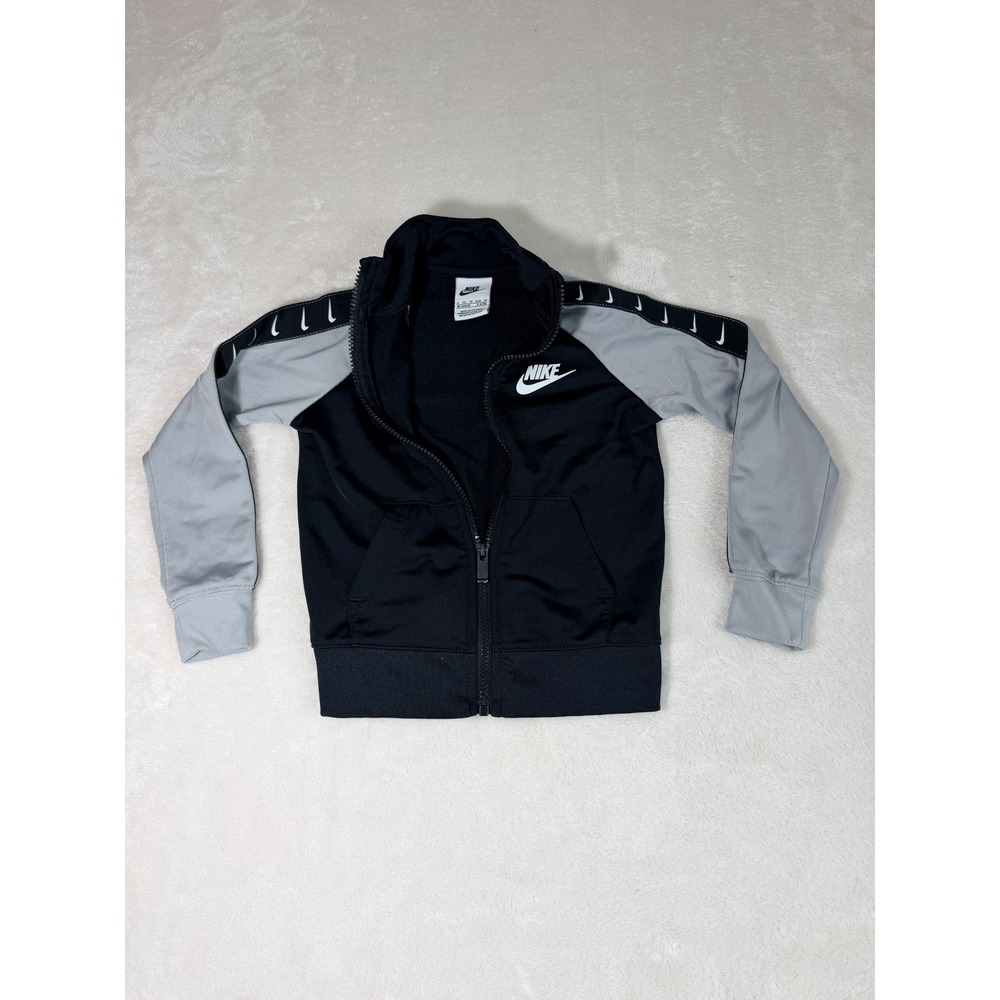 Nike Toddler Track Jacket Size 4 XS Black Grey Swoosh Tape Zip Up 3-4 Years
